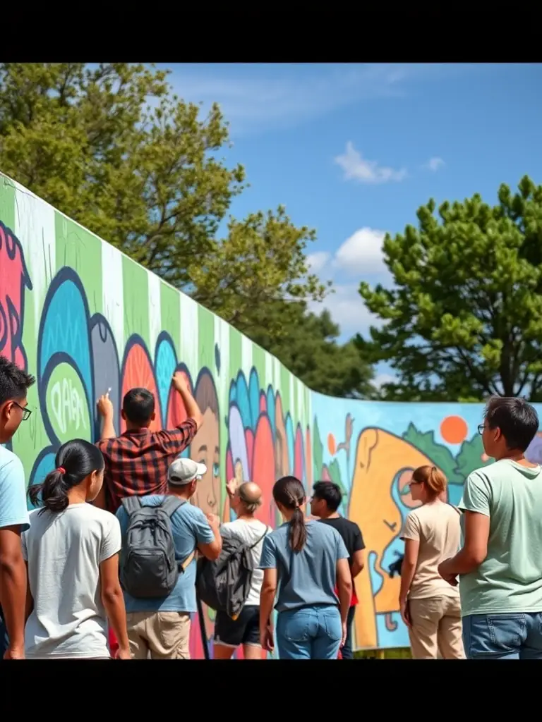 A photo of community members collaborating on a mural project, symbolizing unity and social cohesion through art.