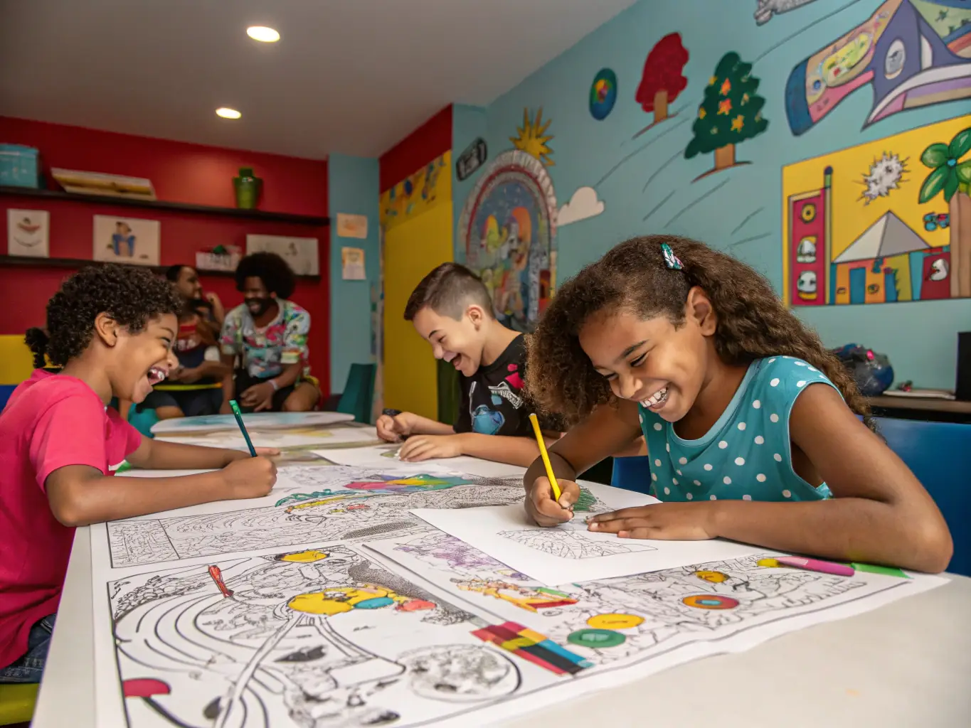 A photo of children and adults engaged in an art workshop with colorful supplies and active participation, representing RAPATAF's Educational Programs.