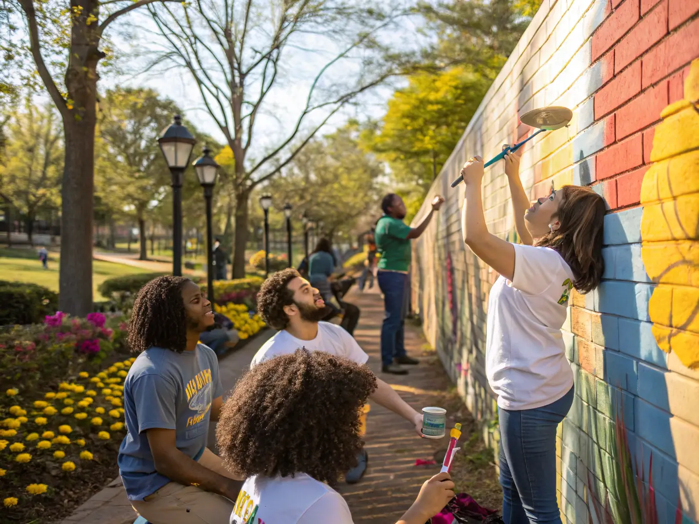 A community mural project with diverse participants painting together in a public space, illustrating RAPATAF's Community Engagement Projects.